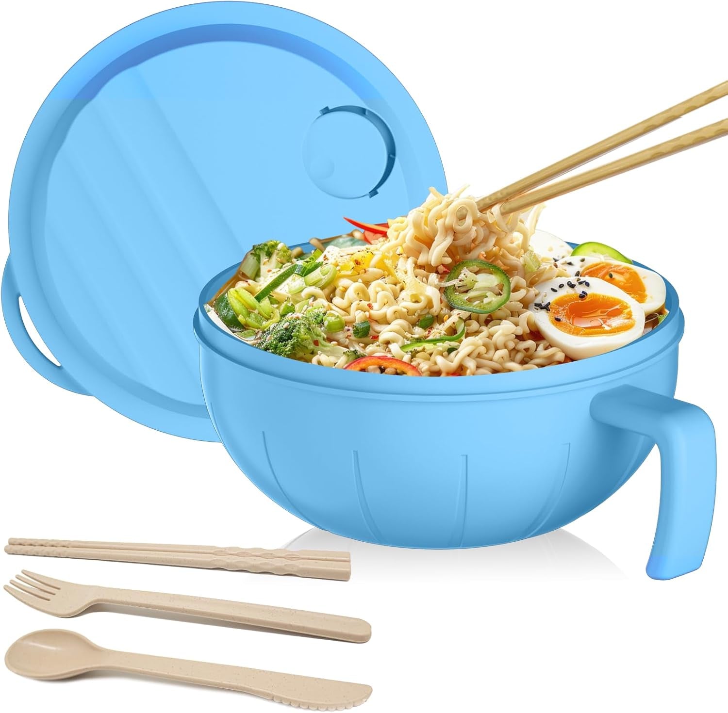 Large Ramen Bowl Set, 40 Oz Microwaveable Noodle Cooker with Leak-Proof Lids, Chopsticks, Spoon & Fork – Portable and Dishwasher Safe, Ideal for Home, Office, Dorm, or Gift Light (Blue)