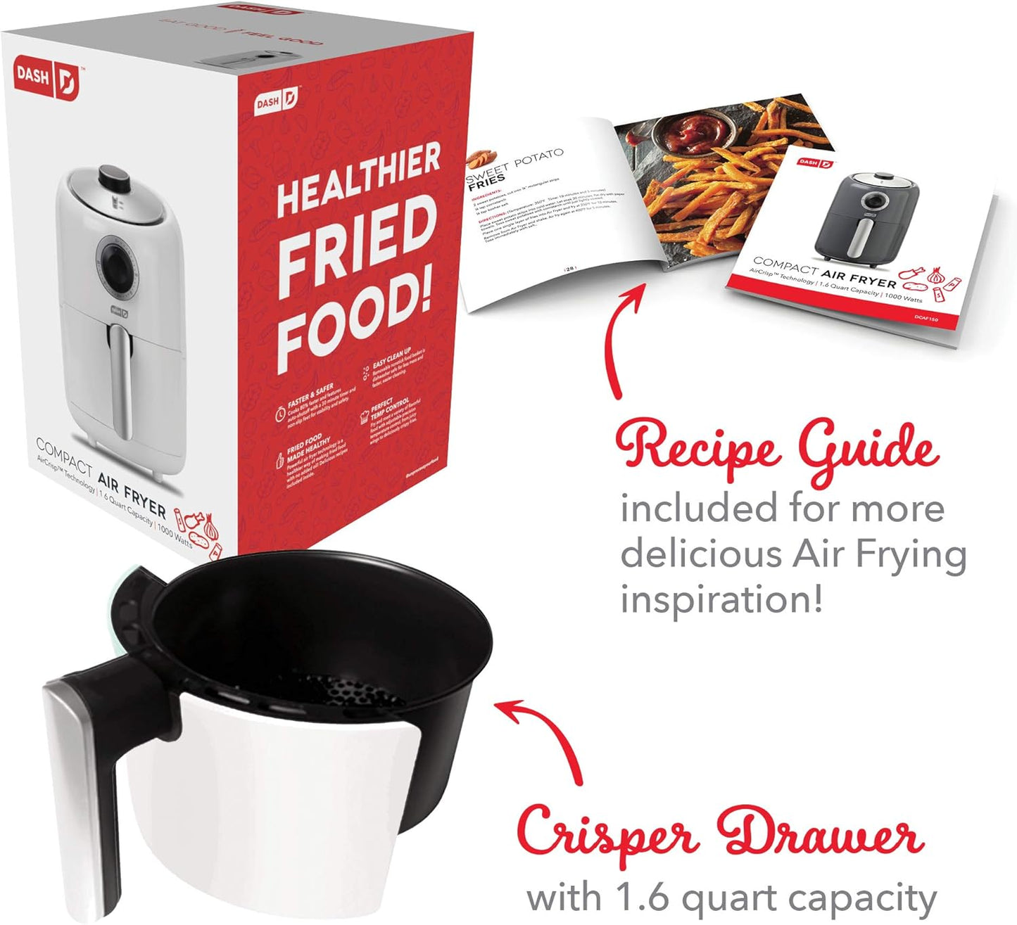 Compact Air Fryer Oven Cooker with Temperature Control, Non-Stick Fry Basket, Recipe Guide + Auto Shut off Feature, 2 Quart - White