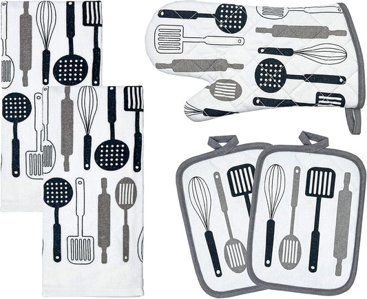 Kitchen Designers Soft and Absorbent Cotton Towels with Pot Holders and Oven Mitt Linen Set, 5 Piece, in the Kitchen