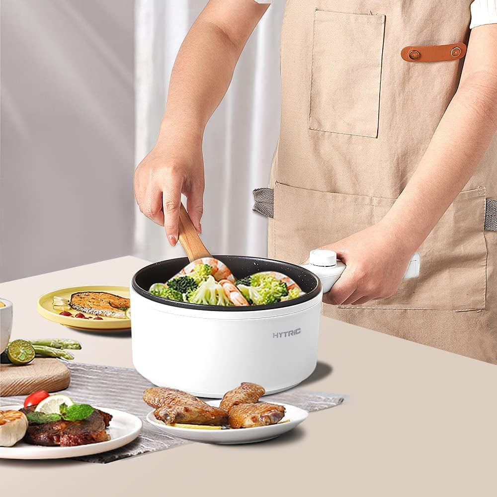 Electric Hot Pot, 1.5L Portable Nonstick Frying Pan for Sauté, Multifunction Electric Skillet for Stir Fry, Roast, Ramen Cooker with Dual Power Control for Dorm, Electric Saucepan, White