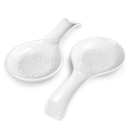 Spoon Rest, White Spoon Holder for Stove Top, Owl Spoon Rest for Kitchen Counter, Farmhouse Kitchen Decor and Accessories, Set of 2