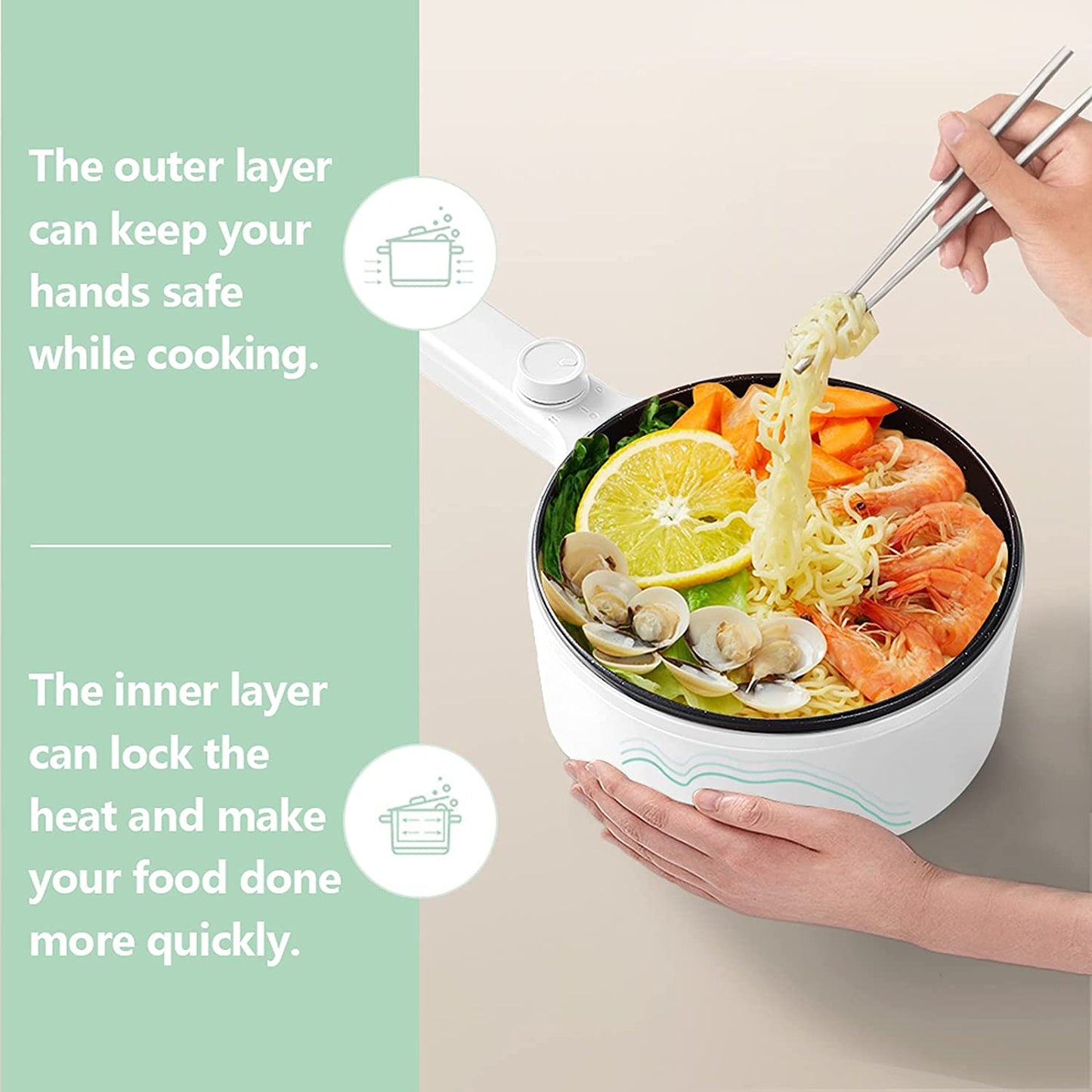 Electric Hot Pot, 1.5L Portable Nonstick Frying Pan for Sauté, Multifunction Electric Skillet for Stir Fry, Roast, Ramen Cooker with Dual Power Control for Dorm, Electric Saucepan, White