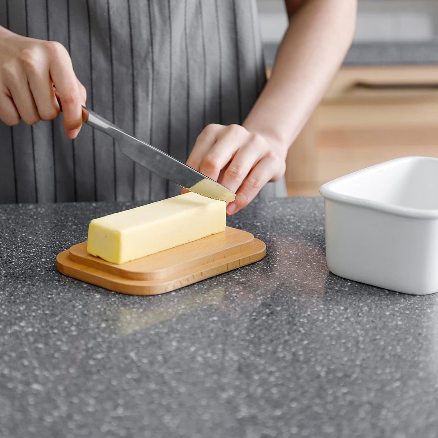 Butter Dish with Lid, Large Porcelain Keeper with Beech Wooden Lid for Countertop, Perfect for East and West Coast Butter, White