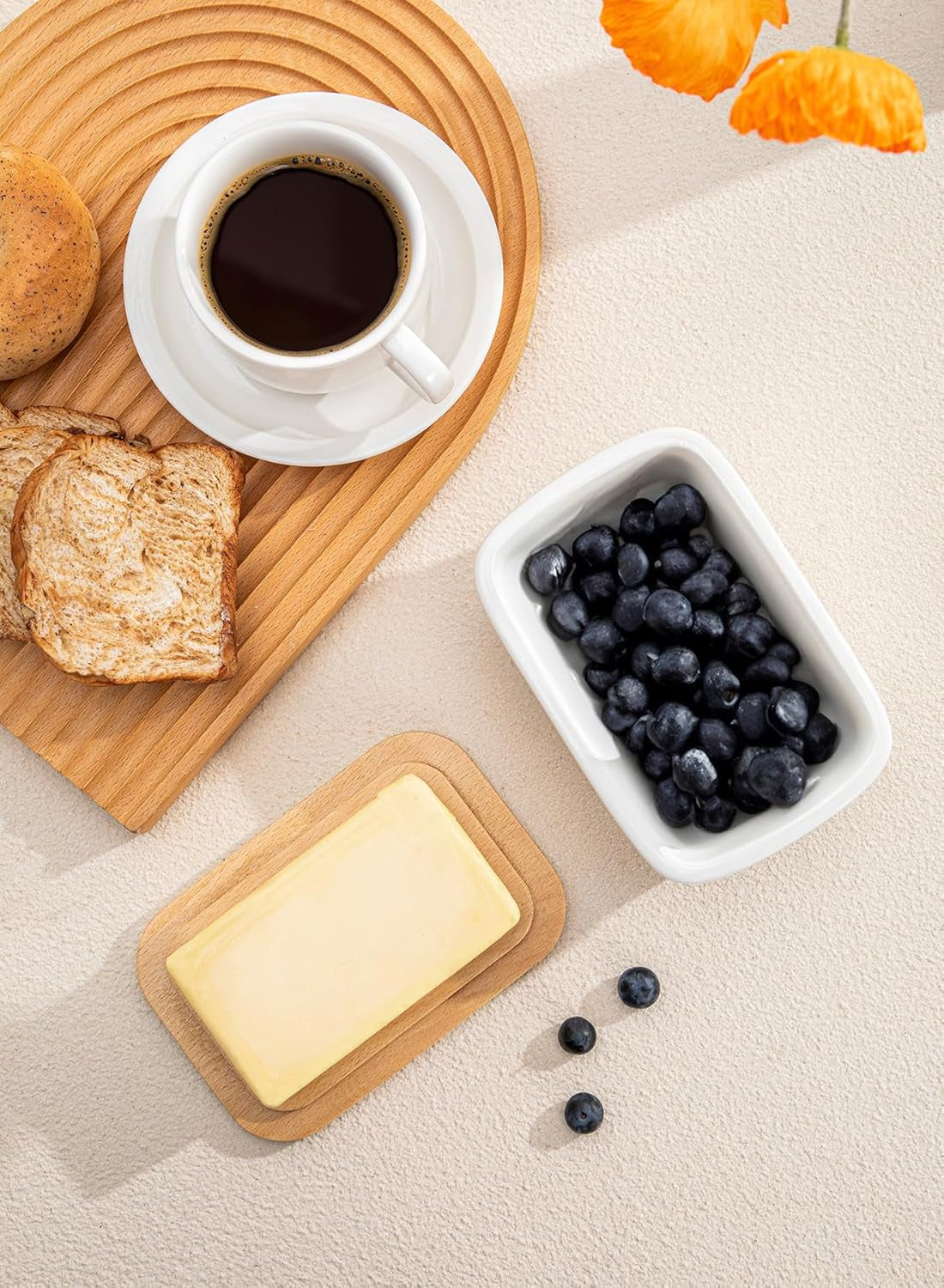Butter Dish with Lid, Large Porcelain Keeper with Beech Wooden Lid for Countertop, Perfect for East and West Coast Butter, White