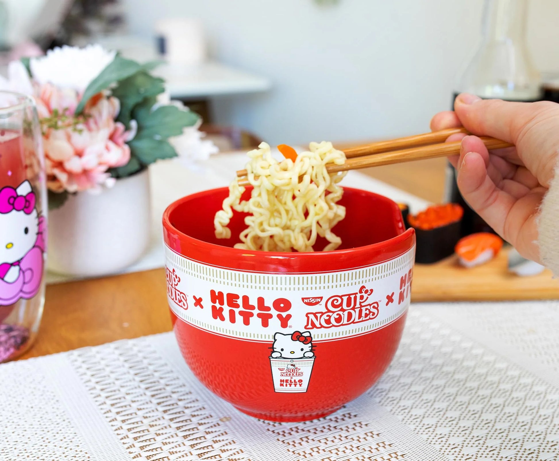 Sanrio Hello Kitty X Nissin Cup Noodles Red Ceramic Ramen Bowl and Chopstick Set