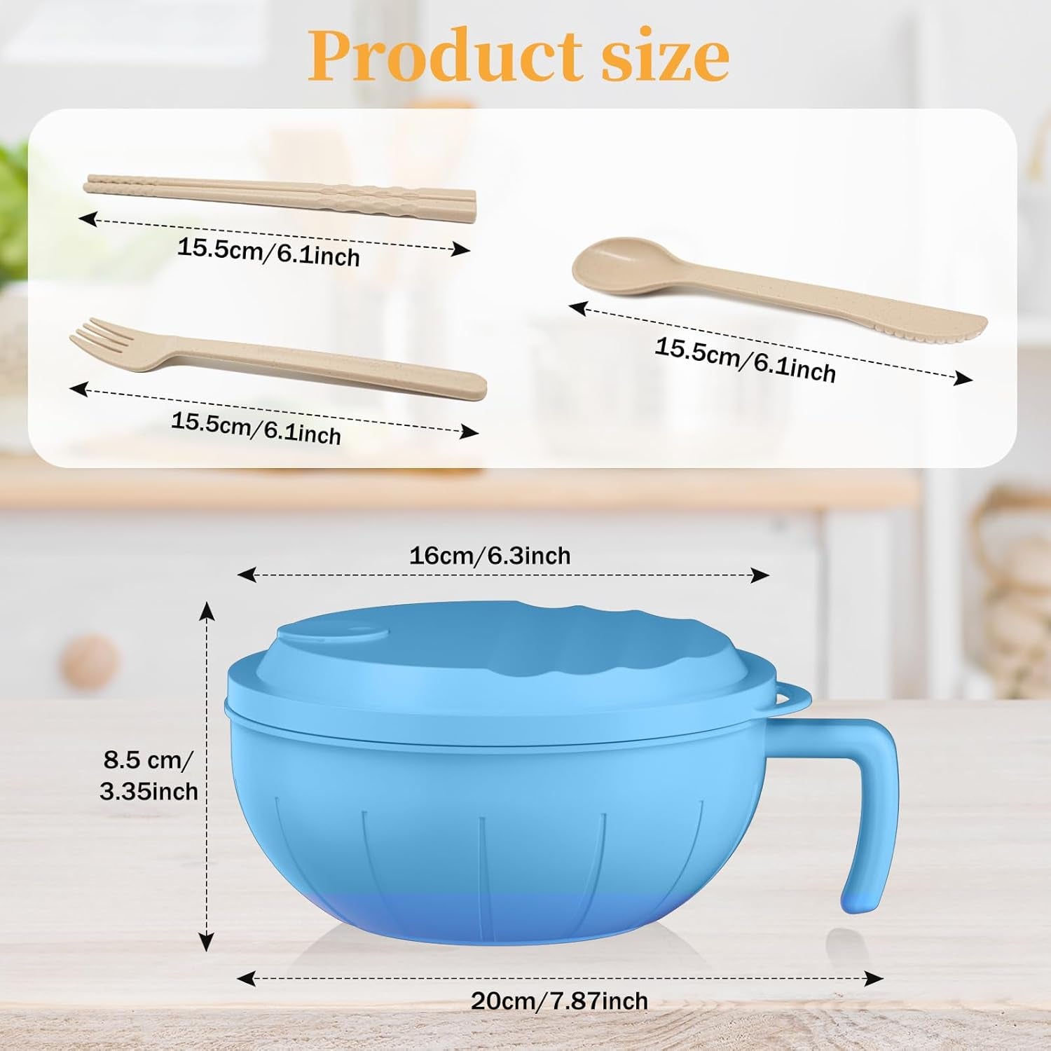 Large Ramen Bowl Set, 40 Oz Microwaveable Noodle Cooker with Leak-Proof Lids, Chopsticks, Spoon & Fork – Portable and Dishwasher Safe, Ideal for Home, Office, Dorm, or Gift Light (Blue)