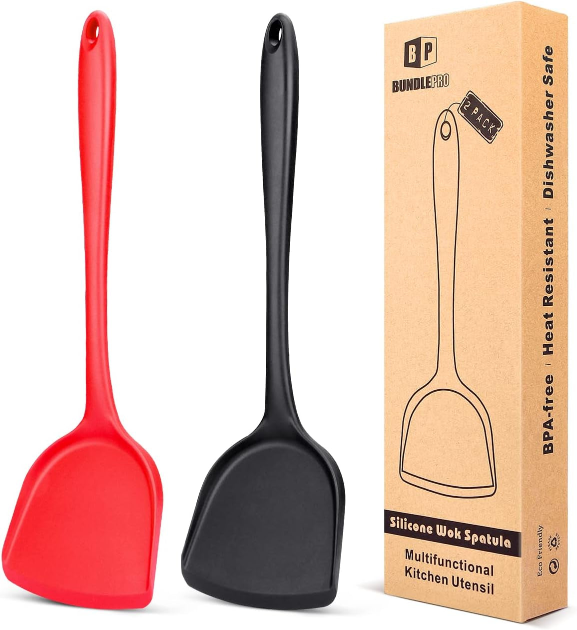 Pack of 2 Silicone Wok Spatula, Non-Stick, Heat Resistant, Easy to Clean and Dishwasher Safe, Seamless Kitchen Utensil for Cooking, Baking, Stir-Fry (Black-Red)