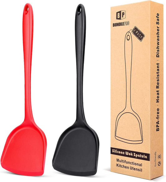 Pack of 2 Silicone Wok Spatula, Non-Stick, Heat Resistant, Easy to Clean and Dishwasher Safe, Seamless Kitchen Utensil for Cooking, Baking, Stir-Fry (Black-Red)