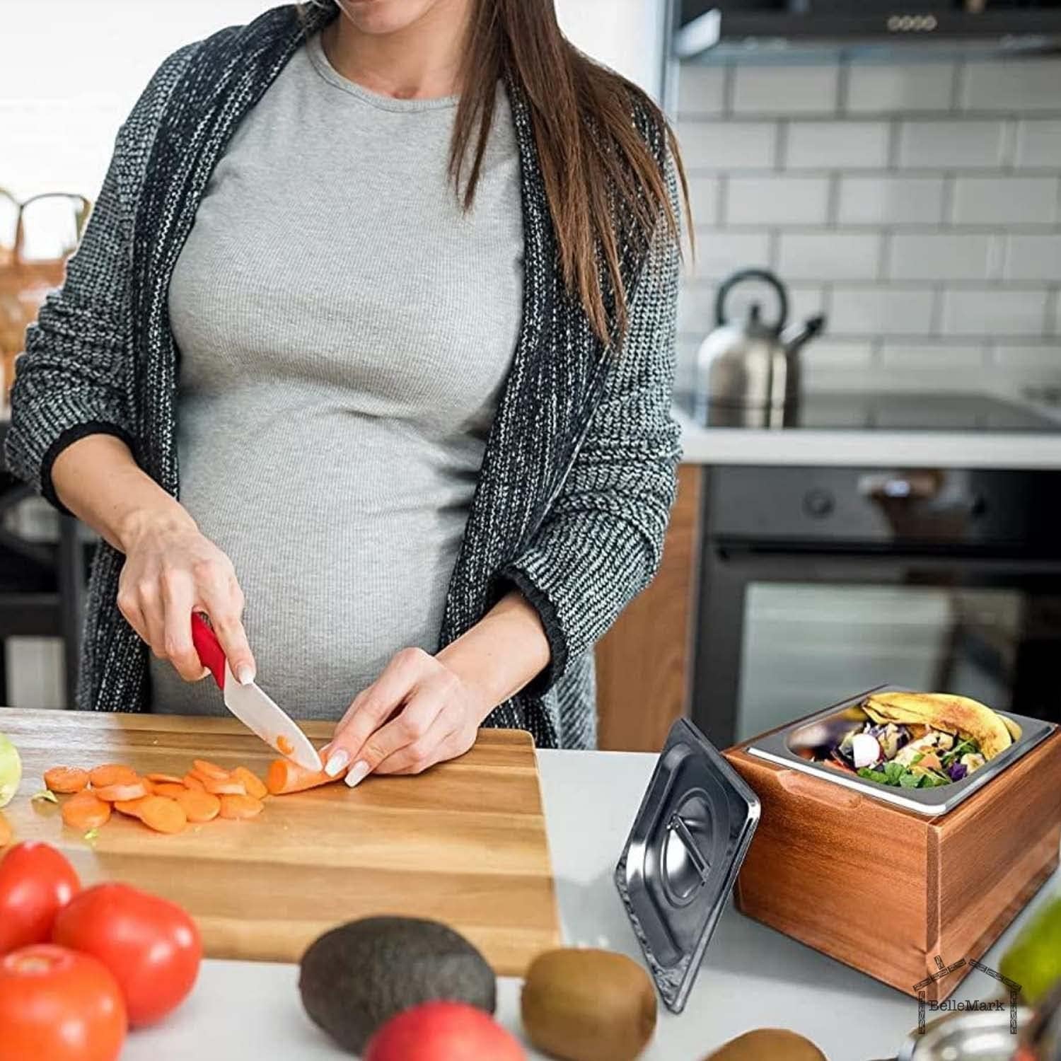 Kitchen Compost Bin- Rust Proof Stainless Steel Insert, Countertop Compost Bin with Lid and Acacia Wood Box- Small Compost Bin Kitchen