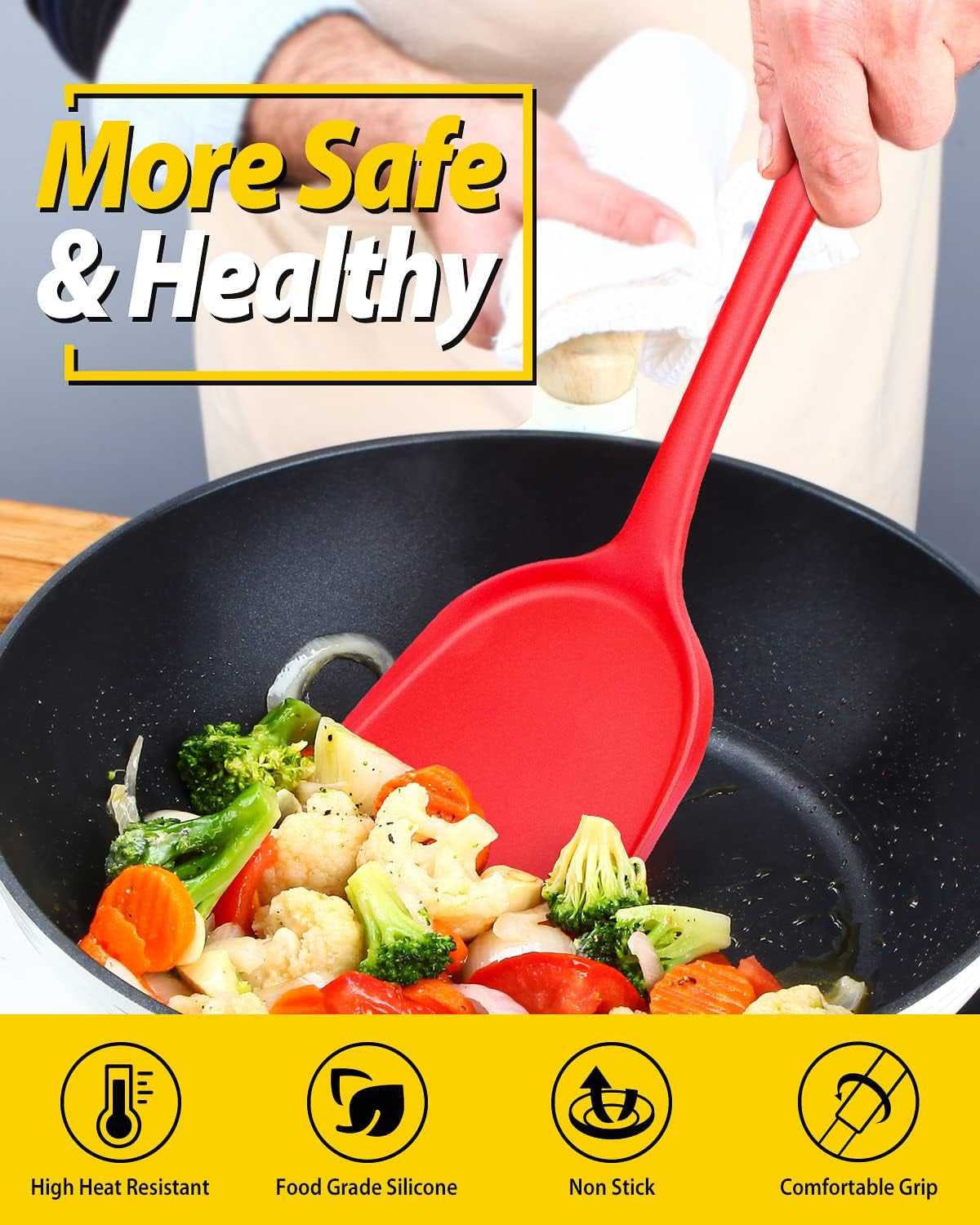 Pack of 2 Silicone Wok Spatula, Non-Stick, Heat Resistant, Easy to Clean and Dishwasher Safe, Seamless Kitchen Utensil for Cooking, Baking, Stir-Fry (Black-Red)