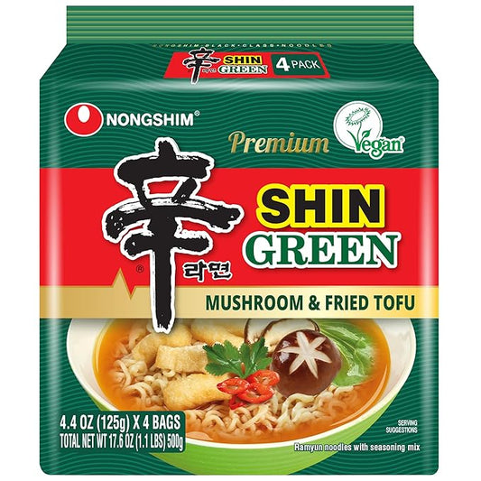 Nongshim Shin Green – Vegan Korean Ramen with Mushroom & Tofu (4 pack)