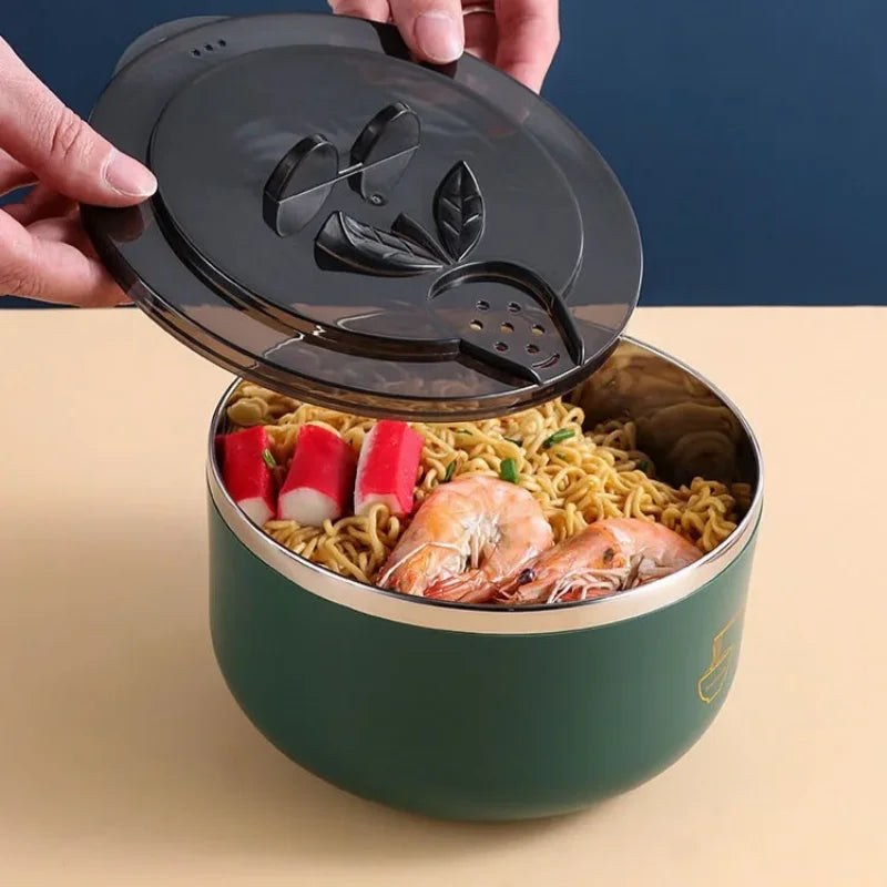 Ramen Bowl 304 Stainless Steel Noodle Bowl with Lid Heat Resistant Instant Noodles Bowls Cooker Tableware Kitchen Accessorie