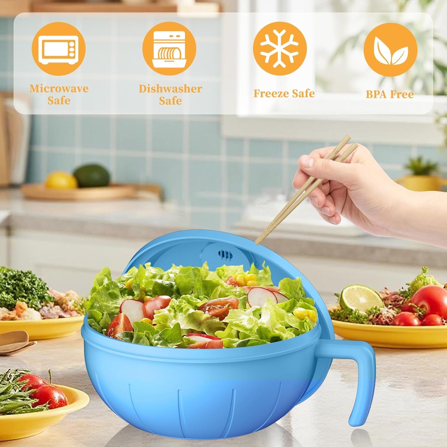 Large Ramen Bowl Set, 40 Oz Microwaveable Noodle Cooker with Leak-Proof Lids, Chopsticks, Spoon & Fork – Portable and Dishwasher Safe, Ideal for Home, Office, Dorm, or Gift Light (Blue)