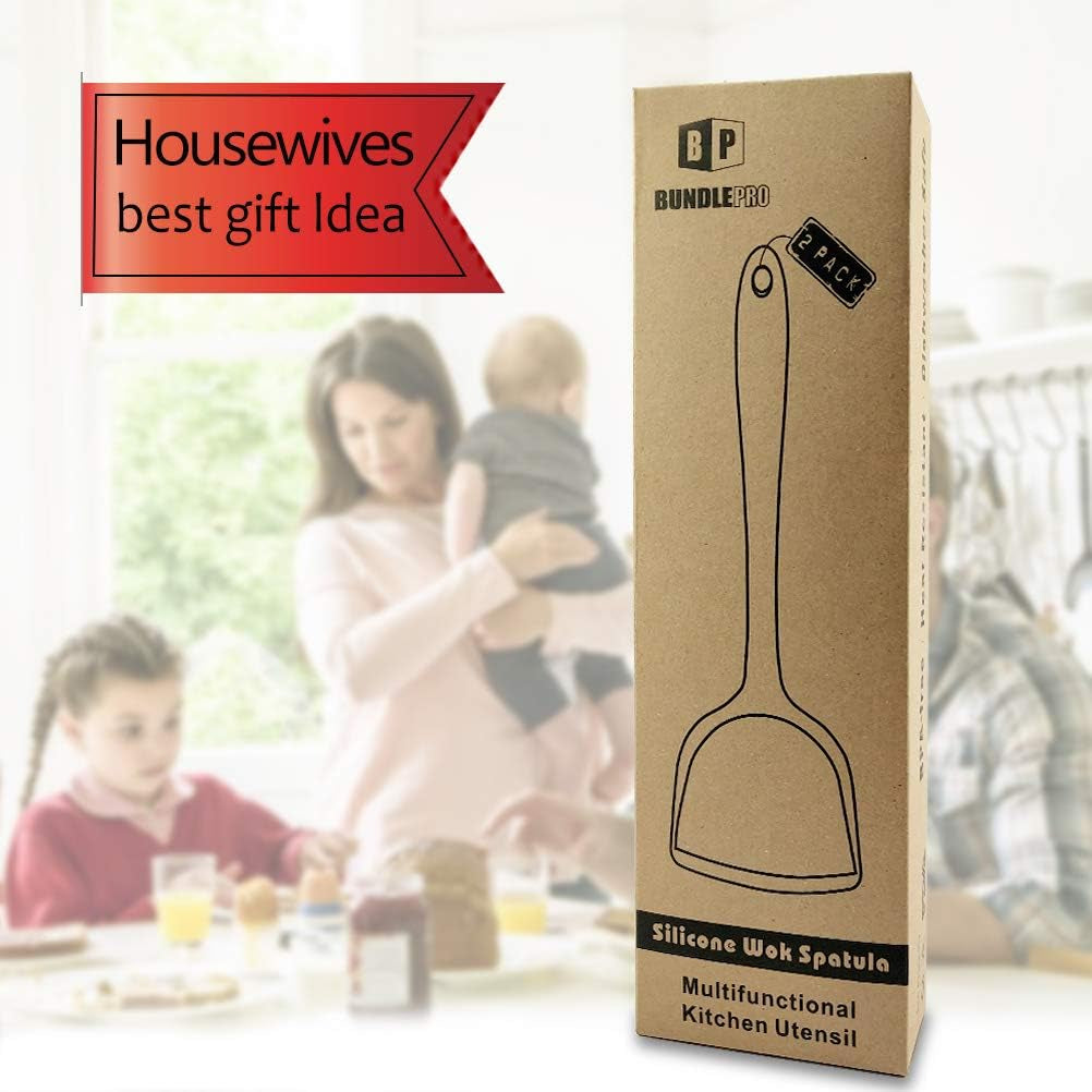 Pack of 2 Silicone Wok Spatula, Non-Stick, Heat Resistant, Easy to Clean and Dishwasher Safe, Seamless Kitchen Utensil for Cooking, Baking, Stir-Fry (Black-Red)