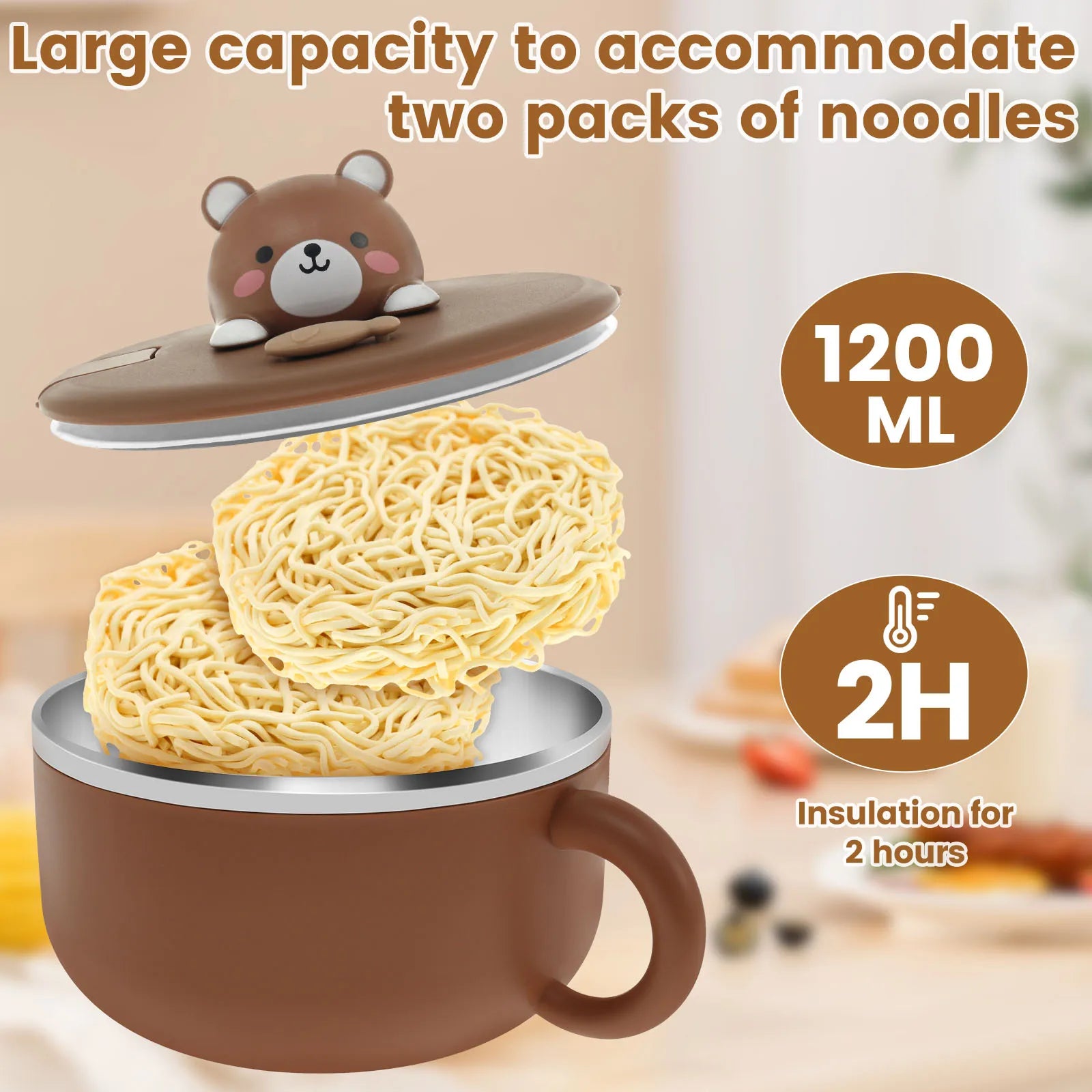 1200Ml Ramen Bowl with Lid Sealed Ramen Cooker Bowl with Handle and Fork Insulated Noodle Bowl Practical Instant Serving Bowl