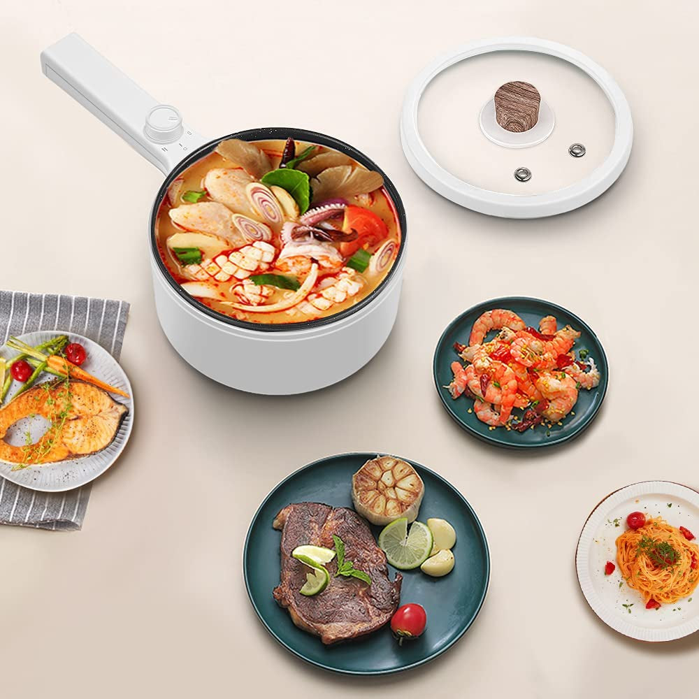 Electric Hot Pot, 1.5L Portable Nonstick Frying Pan for Sauté, Multifunction Electric Skillet for Stir Fry, Roast, Ramen Cooker with Dual Power Control for Dorm, Electric Saucepan, White