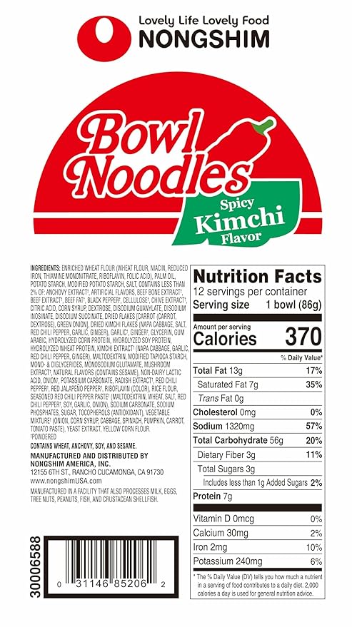 Nongshim Bowl Noodle Soup – Kimchi Flavor (6 Pack) | Spicy & Tangy Korean Instant Ramen