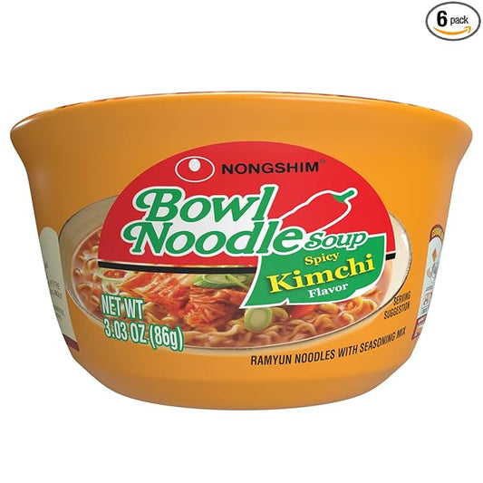 Nongshim Bowl Noodle Soup – Kimchi Flavor (6 Pack) | Spicy & Tangy Korean Instant Ramen