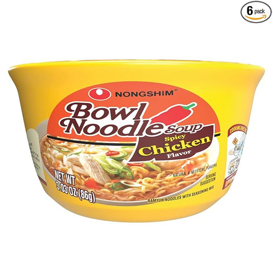 Nongshim Bowl Noodle Soup – Spicy Chicken Flavor (6 Pack) | Bold Korean-Inspired Chicken Ramen