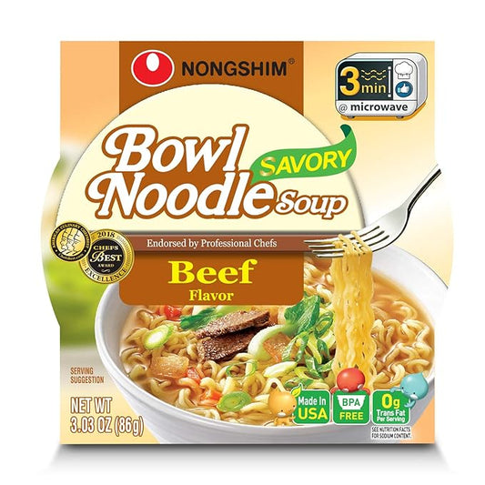 Nongshim Bowl Noodle Soup – Savory Beef Flavor (6 Pack) | Classic Korean-Style Beef Ramen Bowl
