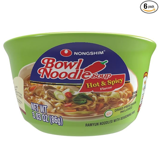 Nongshim Bowl Noodle Soup – Hot & Spicy (6 Pack) | Quick & Flavorful Korean Ramen
