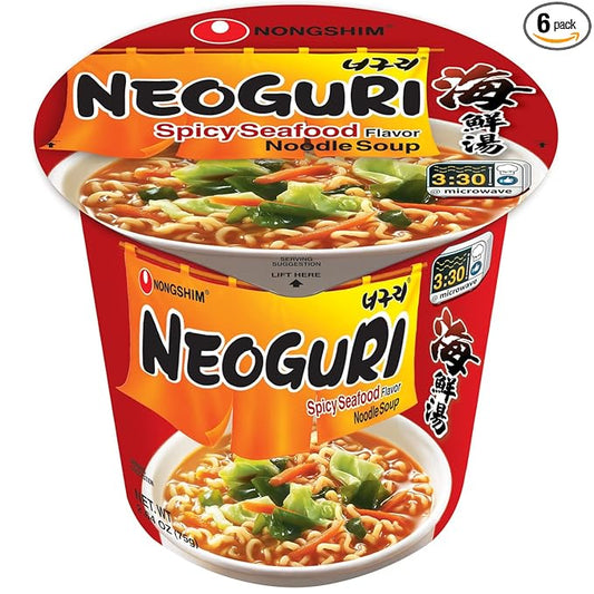 Nongshim Neoguri Cup – Spicy Seafood Korean Ramen (6 Pack) | Thick Noodles & Bold Ocean Flavor