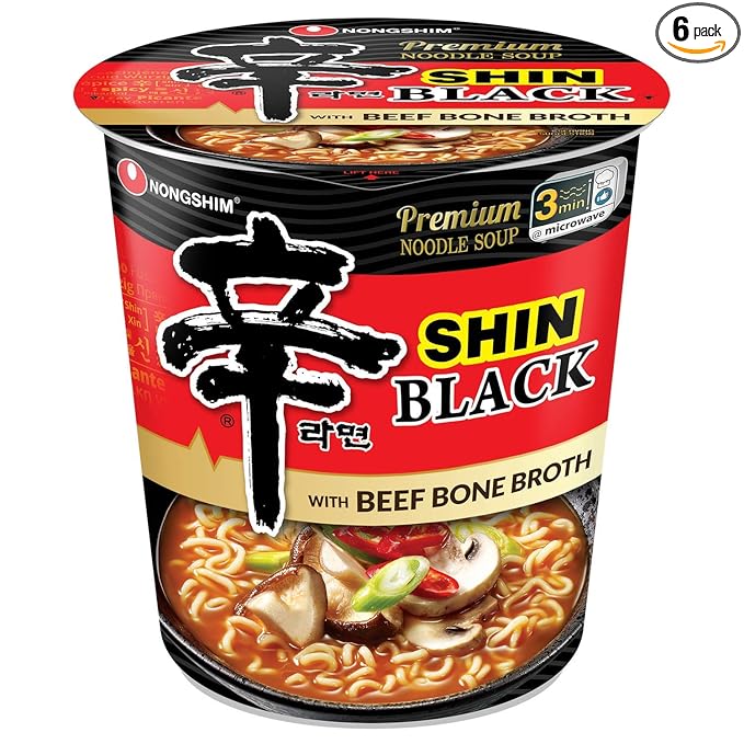 Nongshim Shin Black Cup β Premium Spicy Korean Ramen (6 Pack) | Deep Bone Broth Flavor in a Convenient Cup