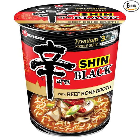 Nongshim Shin Black Cup – Premium Spicy Korean Ramen (6 Pack) | Deep Bone Broth Flavor in a Convenient Cup