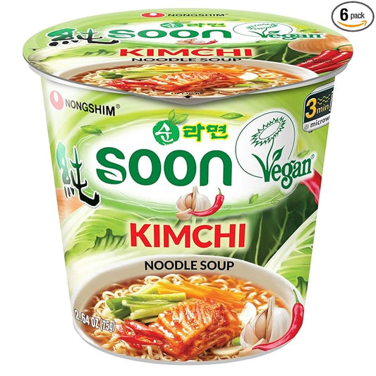 Nongshim Soon Kimchi Cup – Vegan Korean Kimchi Ramen (6 Pack) | Bold, Plant-Based Flavor in a Convenient Cup