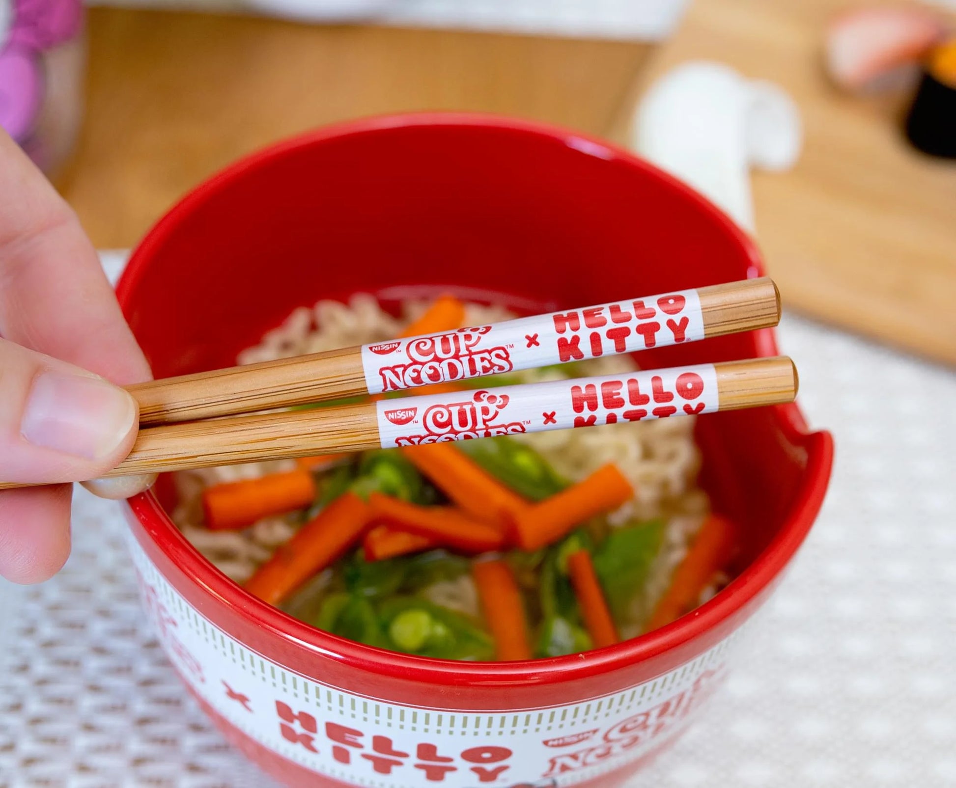 Sanrio Hello Kitty X Nissin Cup Noodles Red Ceramic Ramen Bowl and Chopstick Set