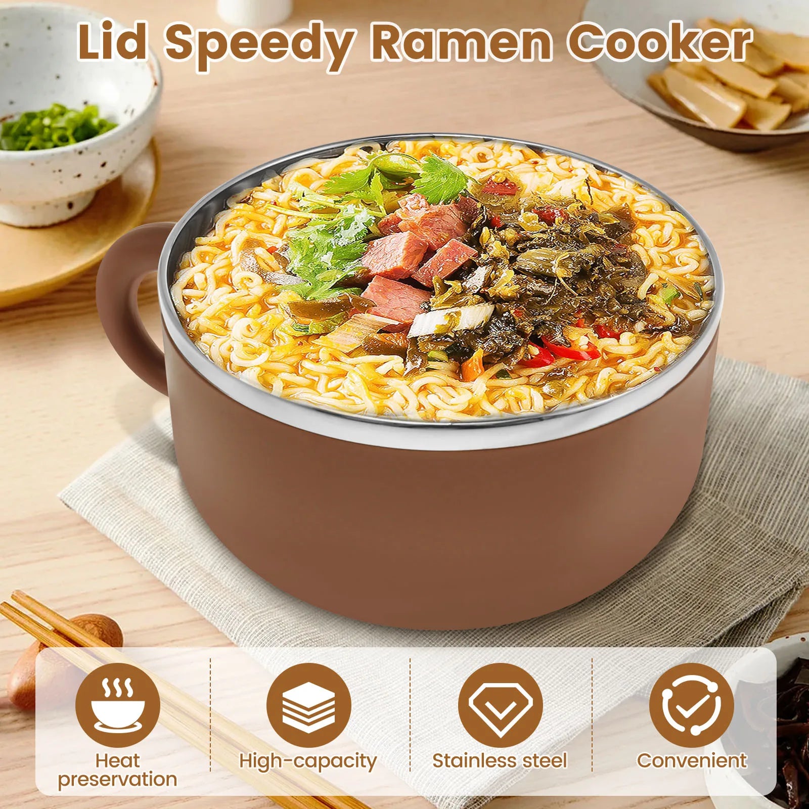 1200Ml Ramen Bowl with Lid Sealed Ramen Cooker Bowl with Handle and Fork Insulated Noodle Bowl Practical Instant Serving Bowl