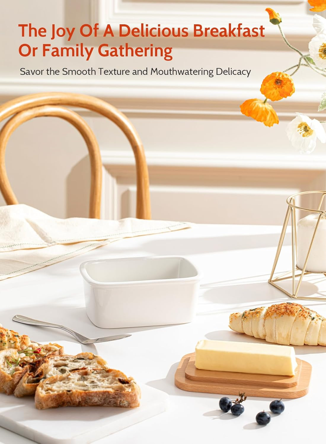 Butter Dish with Lid, Large Porcelain Keeper with Beech Wooden Lid for Countertop, Perfect for East and West Coast Butter, White