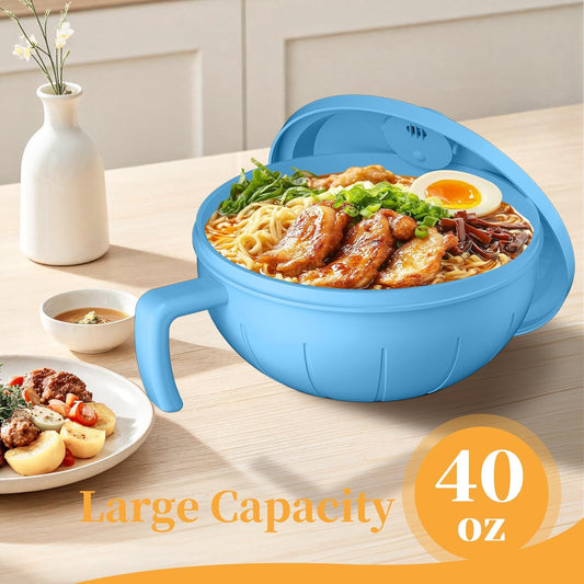 Large Ramen Bowl Set, 40 Oz Microwaveable Noodle Cooker with Leak-Proof Lids, Chopsticks, Spoon & Fork – Portable and Dishwasher Safe, Ideal for Home, Office, Dorm, or Gift Light (Blue)