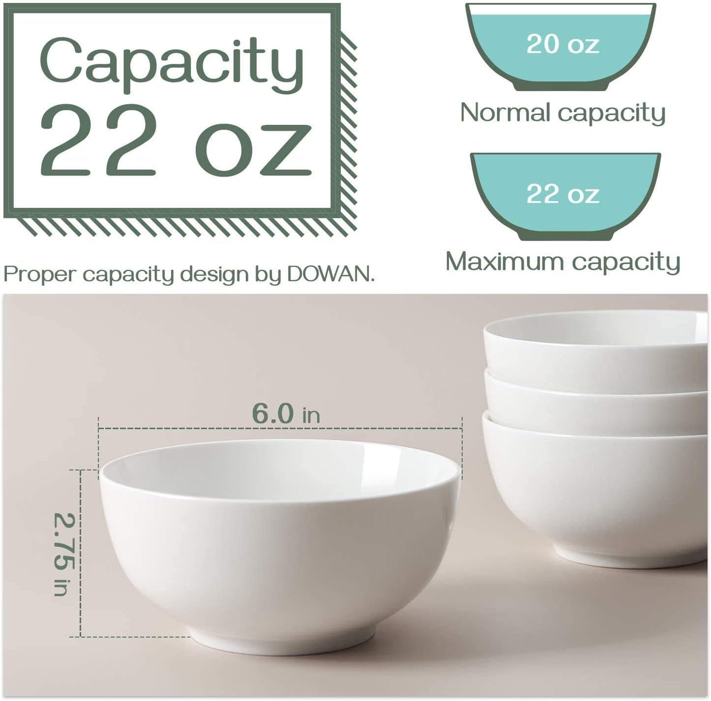 22 Ounce Soup and Cereal Bowls, Porcelain Serving Salad Bowls, Dishwasher & Microwave Safe, Centerpiece Serving Bowls, White,Bowl Set for Rice Pasta Oatmeal