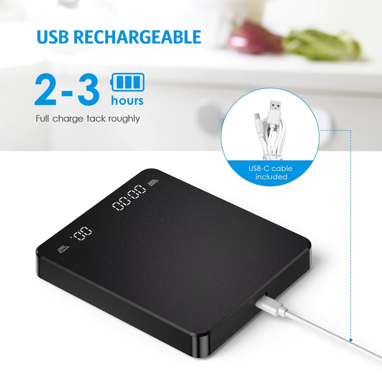 Coffee Scale with Positive and Negative Timer 3Kg/0.1G High Precision Kitchen Digital Food Scale Matte Black Espresso Scale