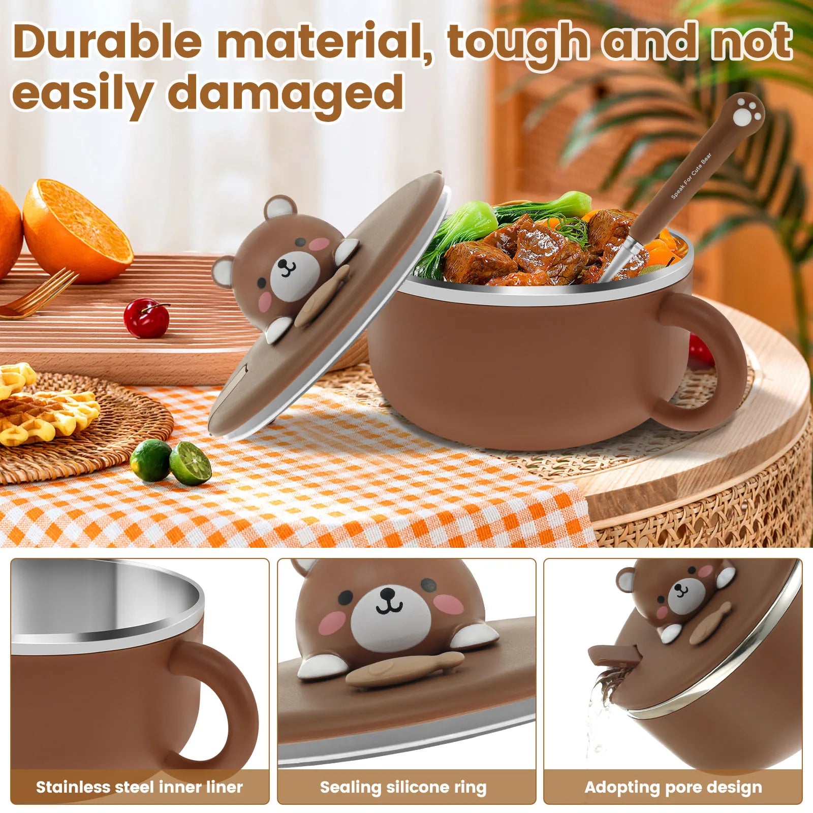 1200Ml Ramen Bowl with Lid Sealed Ramen Cooker Bowl with Handle and Fork Insulated Noodle Bowl Practical Instant Serving Bowl