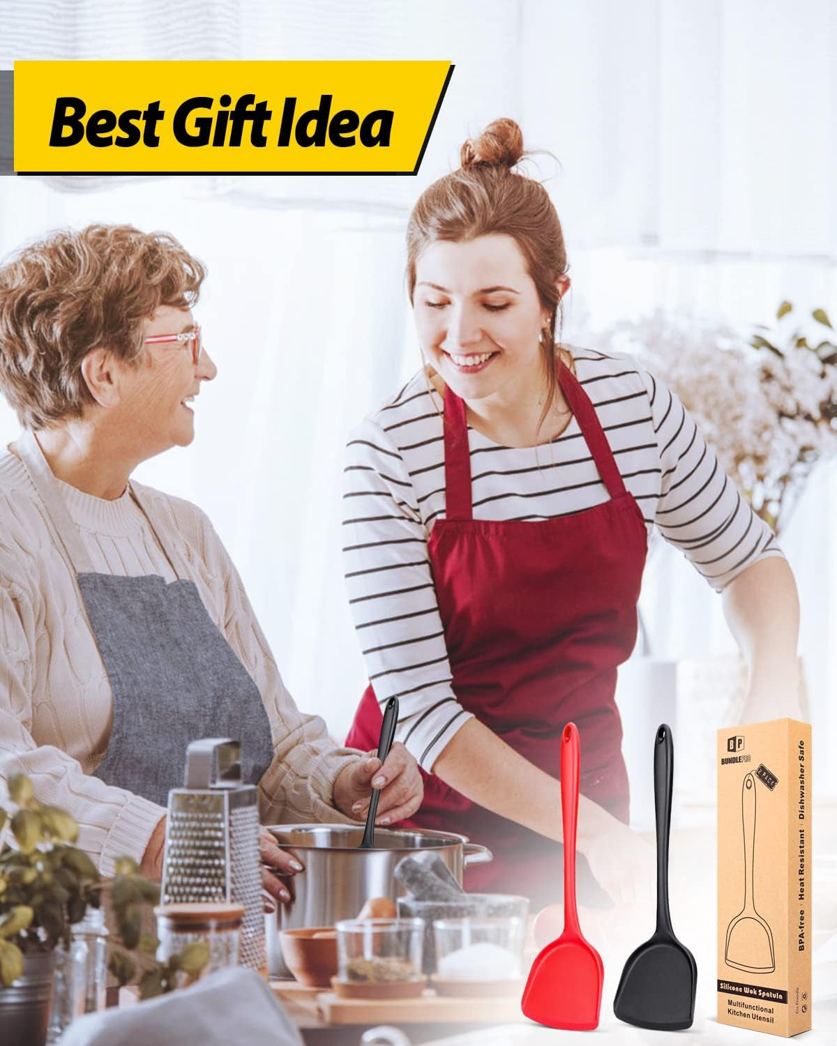 Pack of 2 Silicone Wok Spatula, Non-Stick, Heat Resistant, Easy to Clean and Dishwasher Safe, Seamless Kitchen Utensil for Cooking, Baking, Stir-Fry (Black-Red)