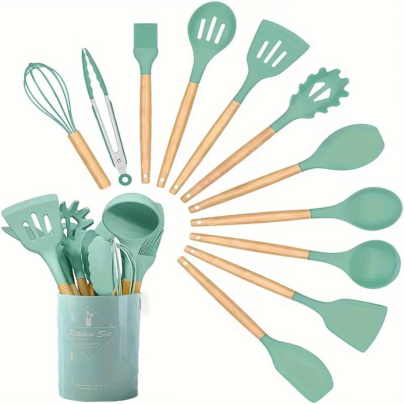 Kitchen Silicone Cooking Utensils, 12 Pc Kitchen Utensil Set, Wooden Kitchen Utensils, Kitchen Gadgets and Spatula Set