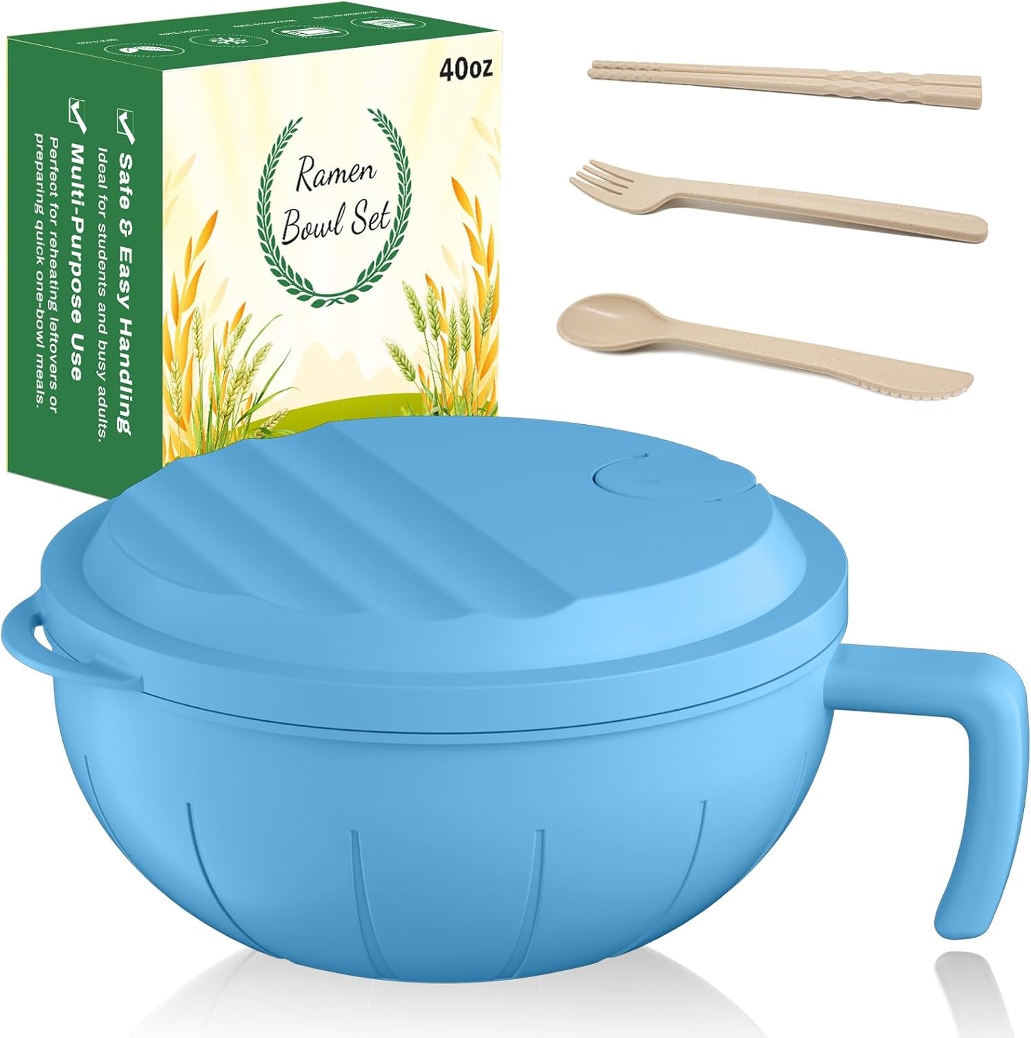 Large Ramen Bowl Set, 40 Oz Microwaveable Noodle Cooker with Leak-Proof Lids, Chopsticks, Spoon & Fork – Portable and Dishwasher Safe, Ideal for Home, Office, Dorm, or Gift Light (Blue)