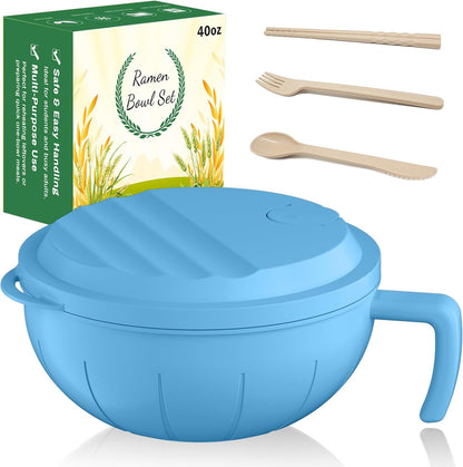Large Ramen Bowl Set, 40 Oz Microwaveable Noodle Cooker with Leak-Proof Lids, Chopsticks, Spoon & Fork – Portable and Dishwasher Safe, Ideal for Home, Office, Dorm, or Gift Light (Blue)