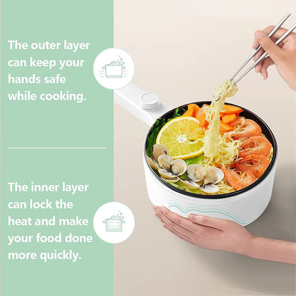 Electric Hot Pot, 1.5L Portable Nonstick Frying Pan for Sauté, Multifunction Electric Skillet for Stir Fry, Roast, Ramen Cooker with Dual Power Control for Dorm, Electric Saucepan, White