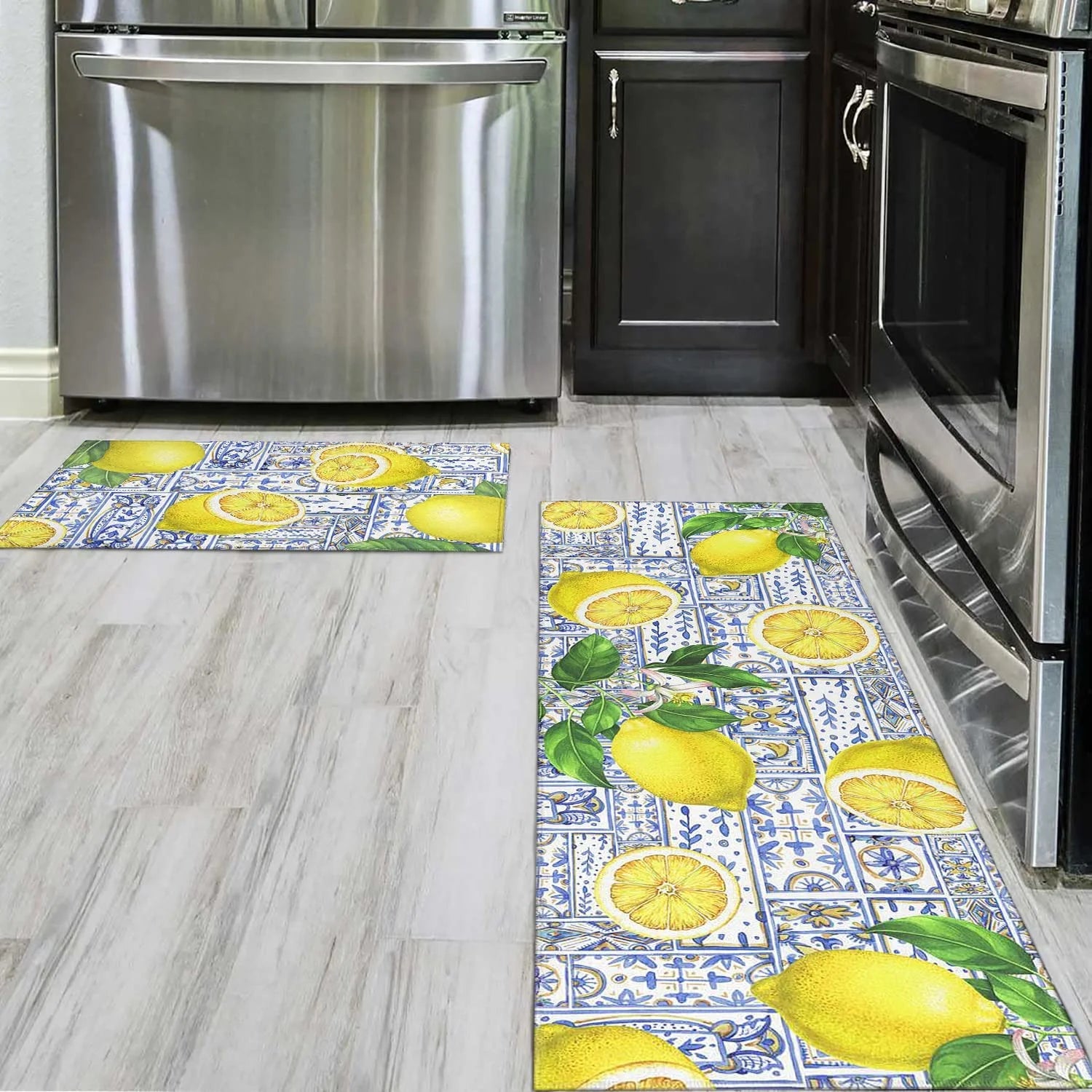 Lemon Kitchen Rug Mat Set of 2 Kitchen Floor Mats Non Slip Washable Kitchen Runner Rug Lemon Kitchen Decor Decorations Blue