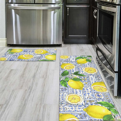 Lemon Kitchen Rug Mat Set of 2 Kitchen Floor Mats Non Slip Washable Kitchen Runner Rug Lemon Kitchen Decor Decorations Blue
