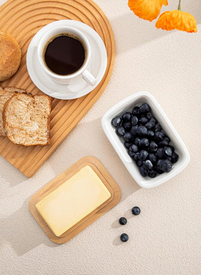 Butter Dish with Lid, Large Porcelain Keeper with Beech Wooden Lid for Countertop, Perfect for East and West Coast Butter, White