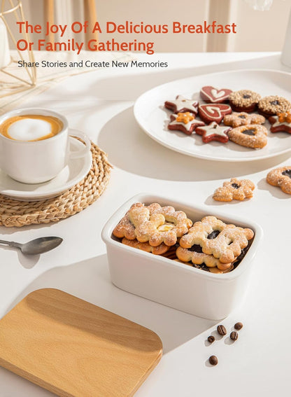 Butter Dish with Lid, Large Porcelain Keeper with Beech Wooden Lid for Countertop, Perfect for East and West Coast Butter, White