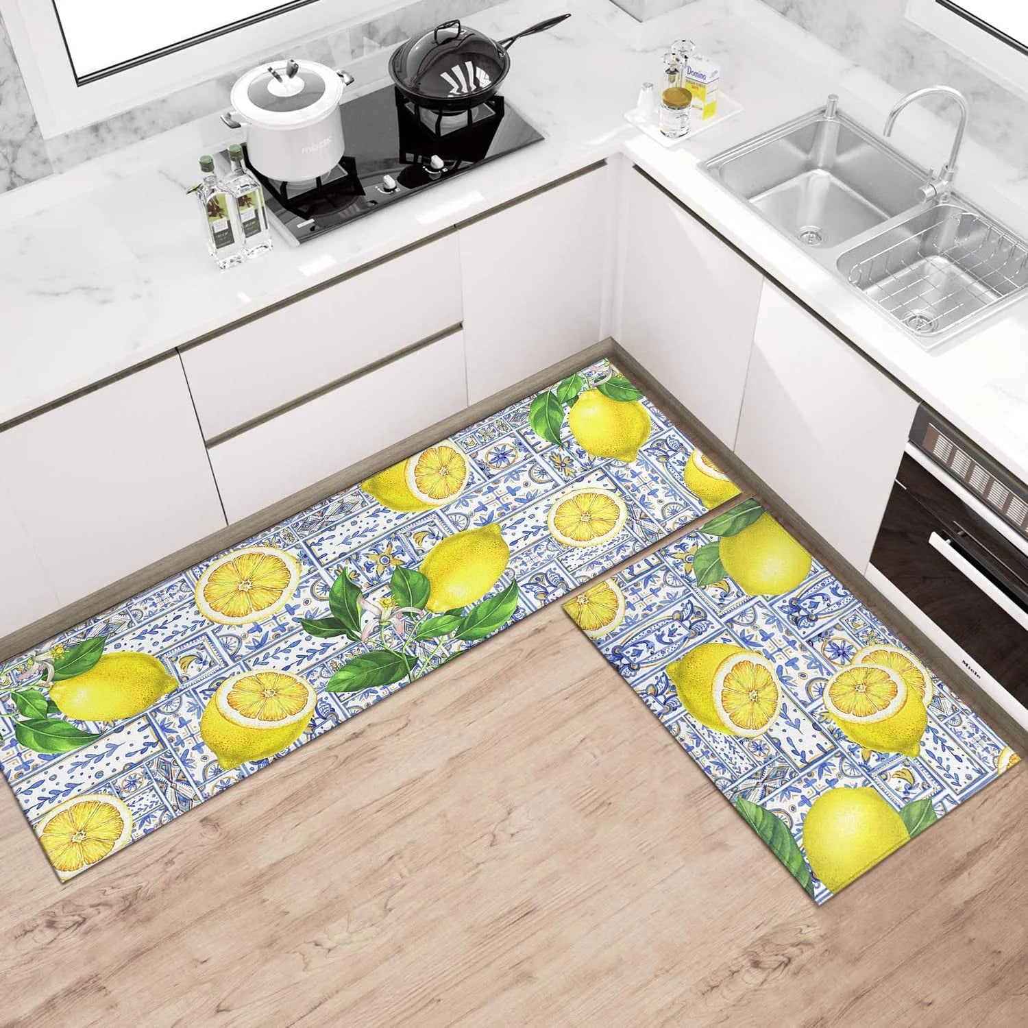 Lemon Kitchen Rug Mat Set of 2 Kitchen Floor Mats Non Slip Washable Kitchen Runner Rug Lemon Kitchen Decor Decorations Blue