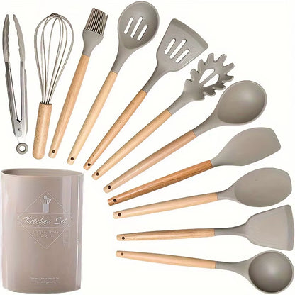 Kitchen Silicone Cooking Utensils, 12 Pc Kitchen Utensil Set, Wooden Kitchen Utensils, Kitchen Gadgets and Spatula Set
