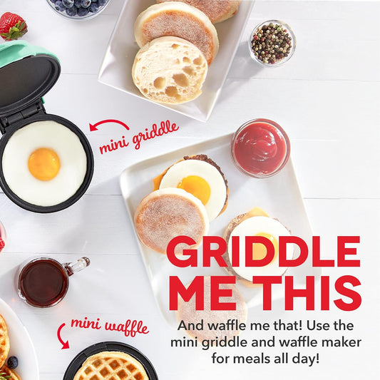 Mini Maker Waffle Maker + Griddle, 2-Pack Griddle + Waffle Iron - Aqua