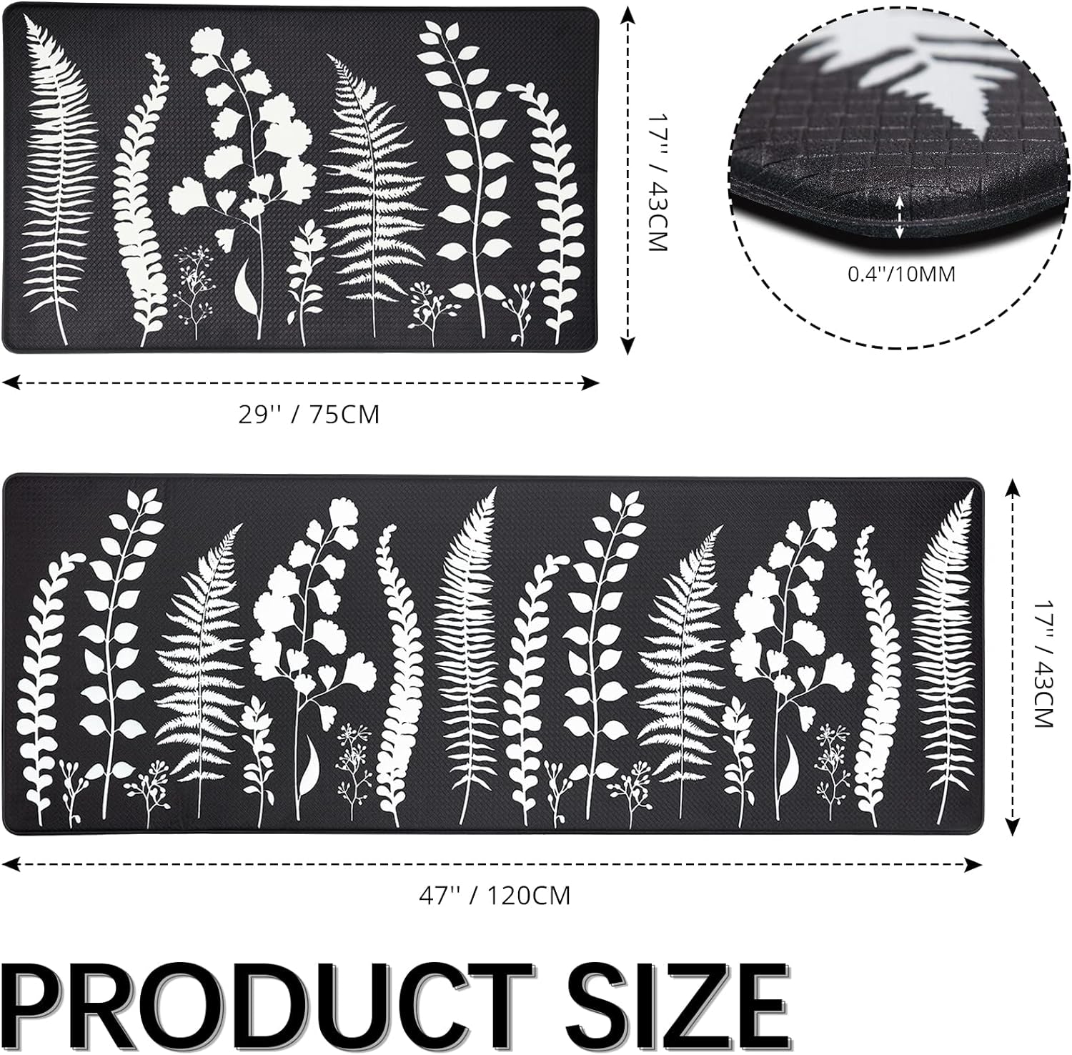 Kitchen Mats for Floor Kitchen Rugs Set Waterproof Cushioned anti Fatigue Non Slip Kitchen Mat Kitchen Sink Mats for Floor, Laundry, Bathroom, Office，17"X47"+17"X29", Black and White