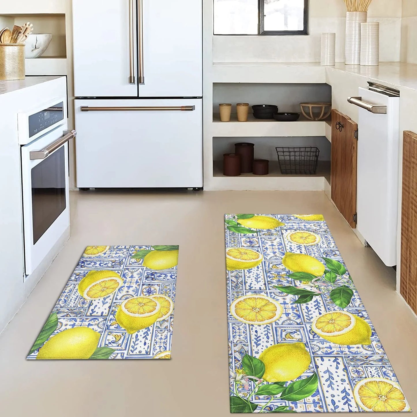 Lemon Kitchen Rug Mat Set of 2 Kitchen Floor Mats Non Slip Washable Kitchen Runner Rug Lemon Kitchen Decor Decorations Blue